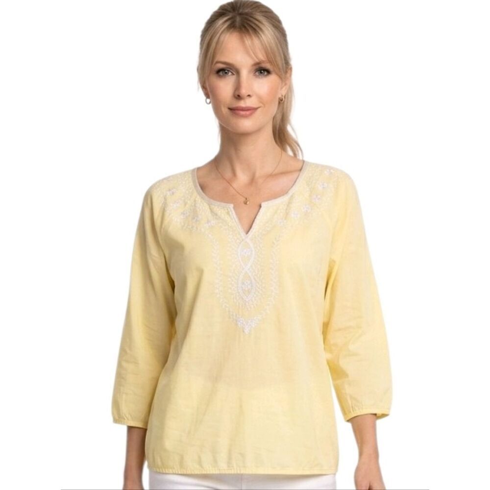 Relativity Yellow Embroidered 3/4 Sleeve Sheer 100% Cotton Summer Blouse Size S